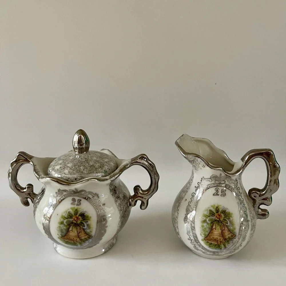 Vintage Enesco Japan 25th Wedding Anniversary Sugar Bowl & Creamer Set, 1950’s